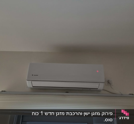 מזגן מותקן על קיר מעל חלון עם תריסים